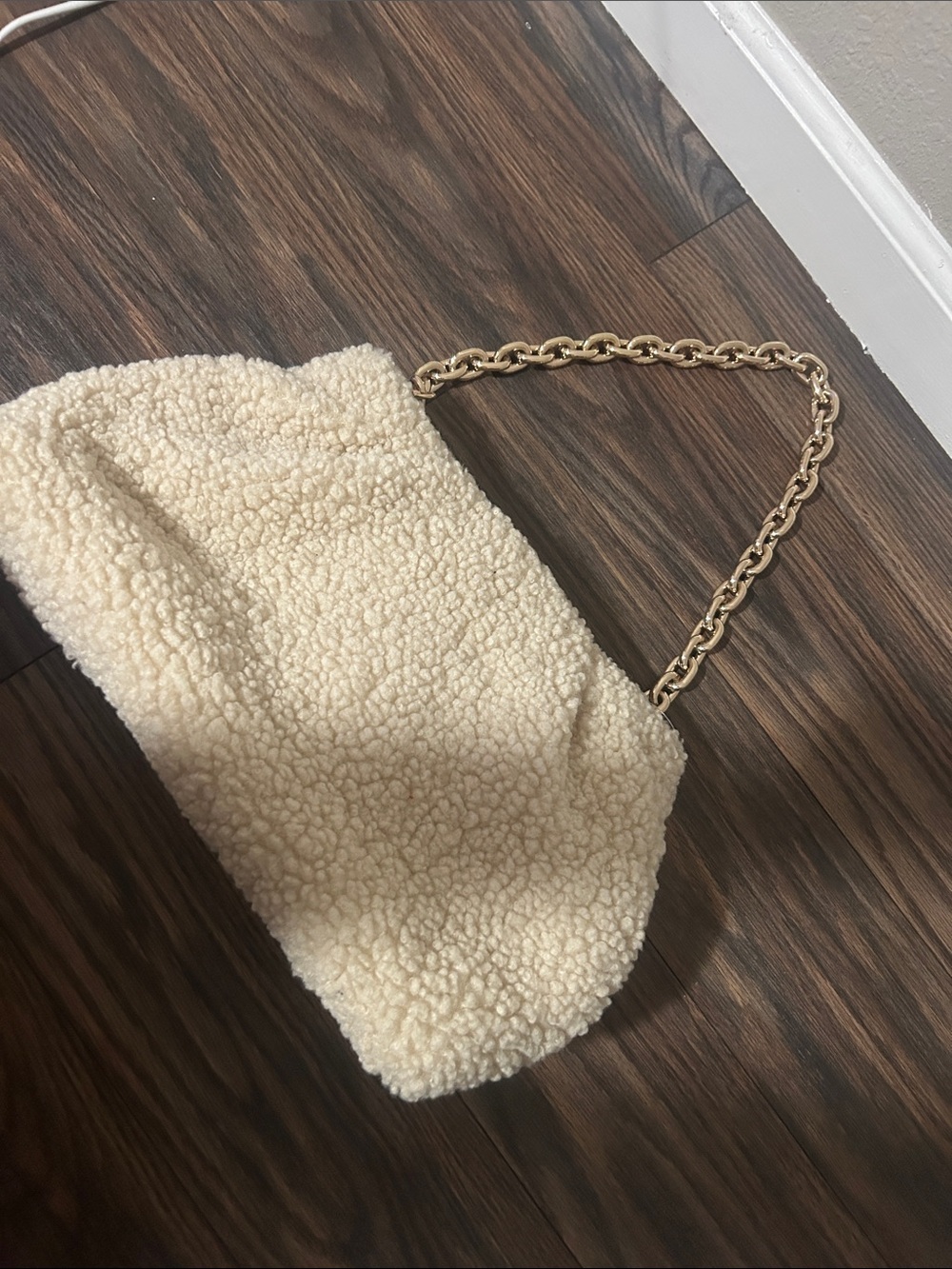 H&M Cream Faux Shearling Shoulder Bag with Gold Chain Strap